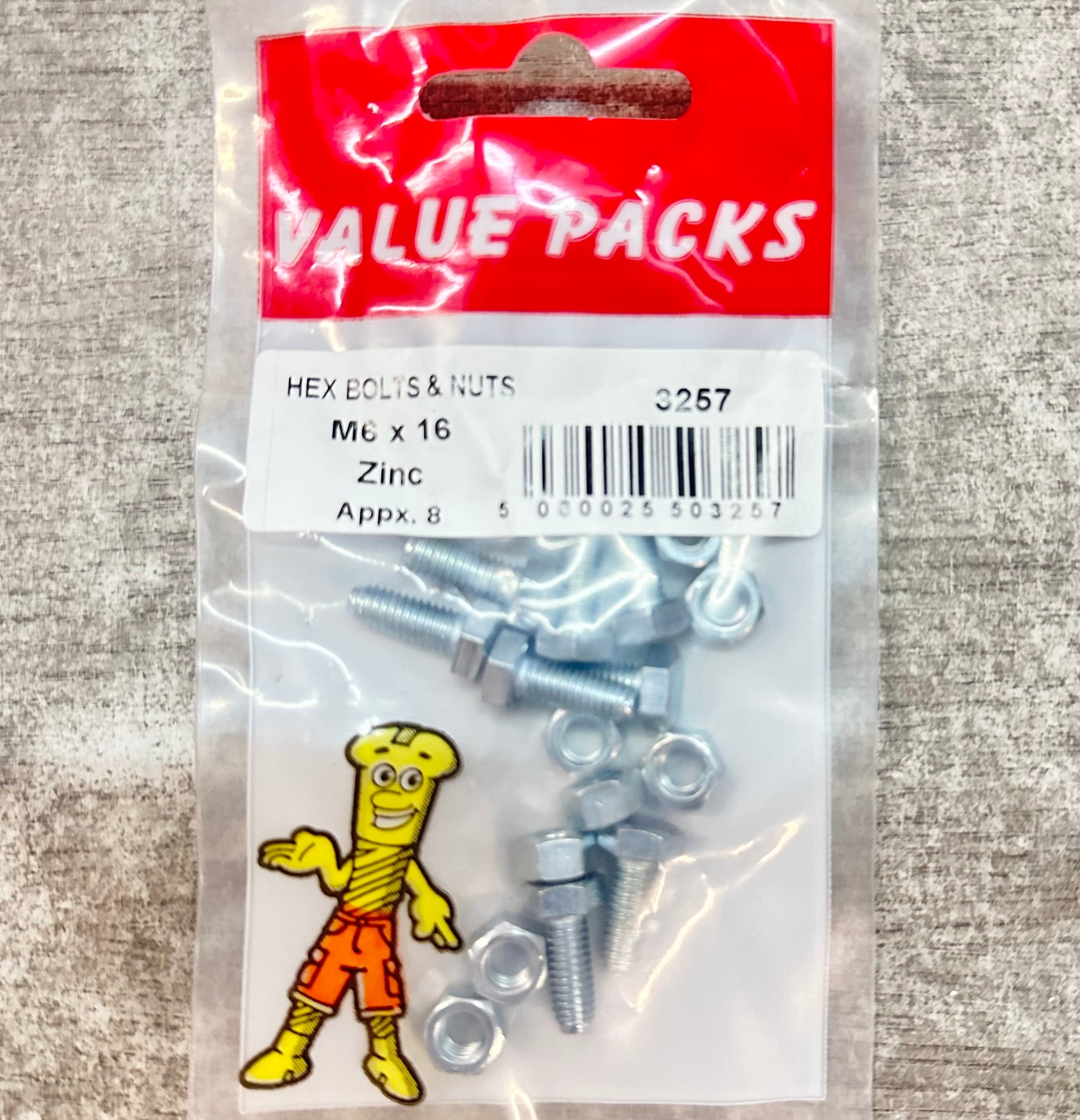 Fastpak Zinc Plated Hex Bolts with Nuts - M6 x 16mm Fastpak Zinc Plated Hex Bolts with Nuts - M6 x 16mm